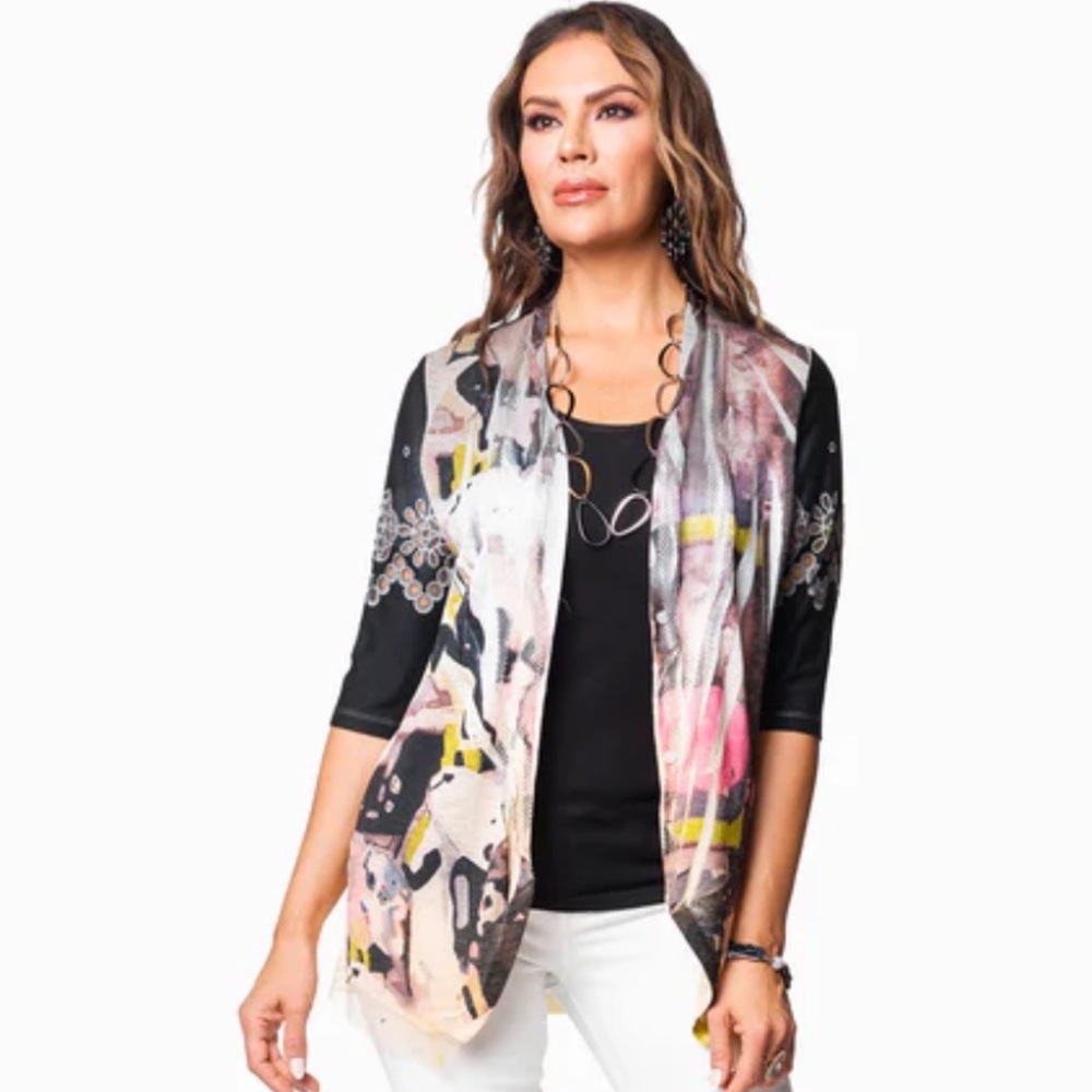 Minkas Abstract Print Mesh Overlay Open Front Cardigan Jacket Size L